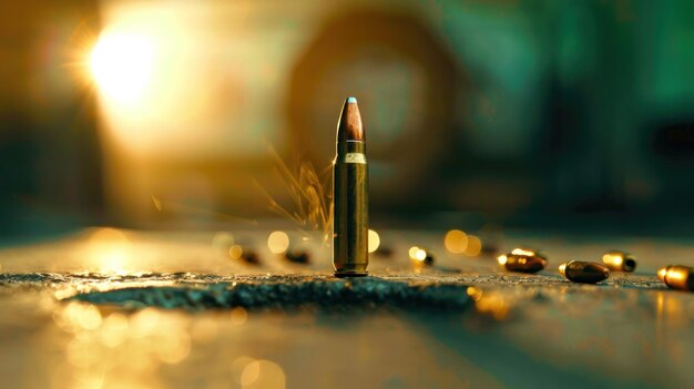 Closeup of a bullet in motion flying in the air with sparks on a blurred background Victory Day