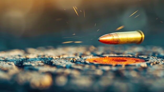 Closeup of a bullet in motion flying in the air with sparks on a blurred background Victory Day