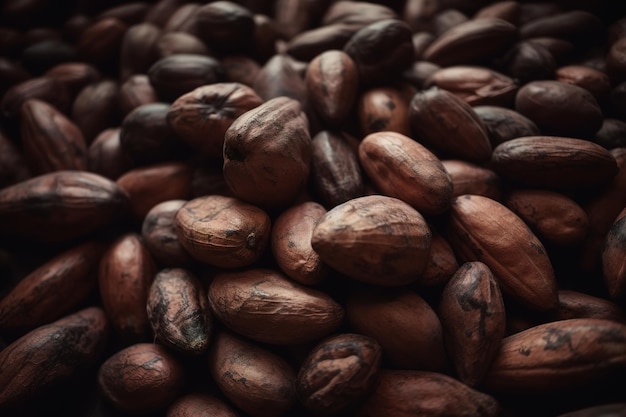 Closeup of bunch of cocoa beans almondshaped seeds an ingredient in chocolate Generative AI