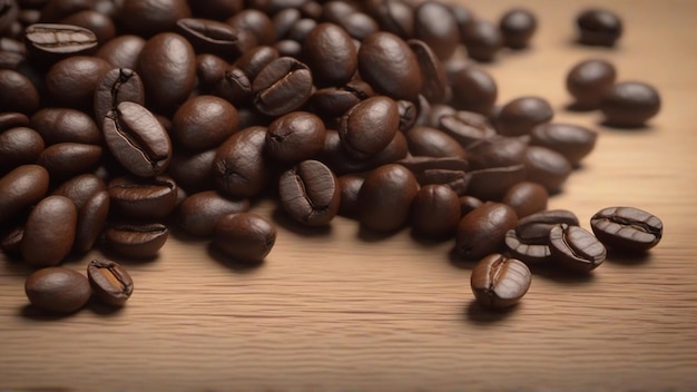 closeup of a bunch of coffee beans laying on a wooden table top