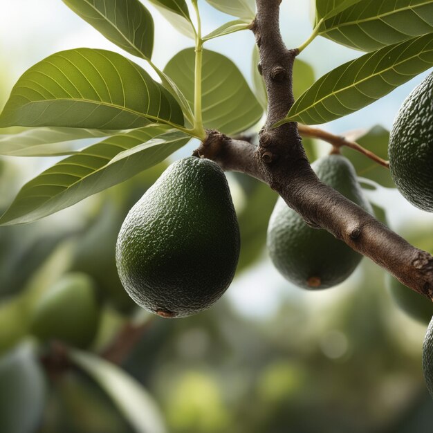 Closeup of bunch of fresh avocado on the tree