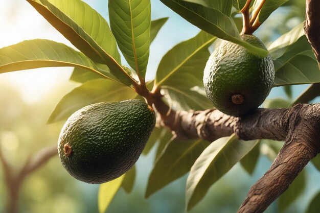 Photo closeup of bunch of fresh avocado on the tree