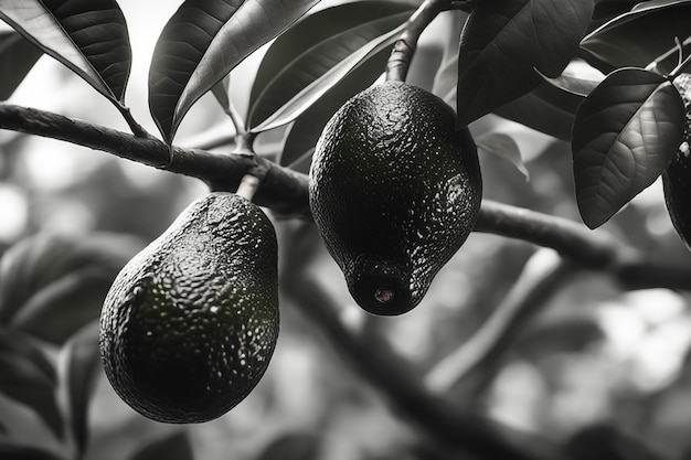 Photo closeup of bunch of fresh avocado on the tree
