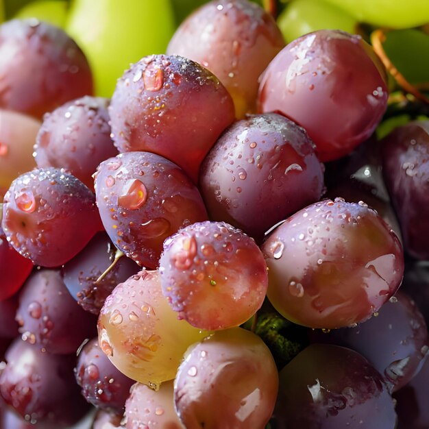 Closeup bunch fresh juicy grapes with water droplets top