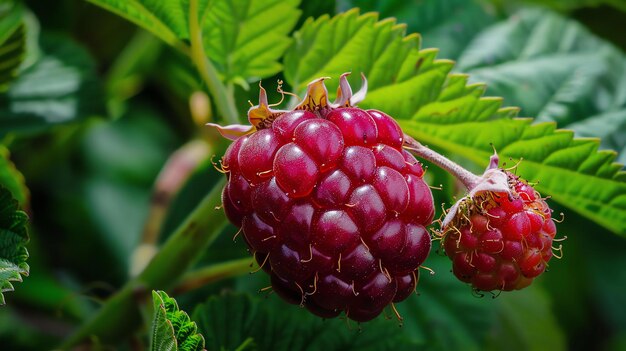 Photo closeup of a bunch of ripe and juicy red raspberries hanging from a branch with green leaves in the background