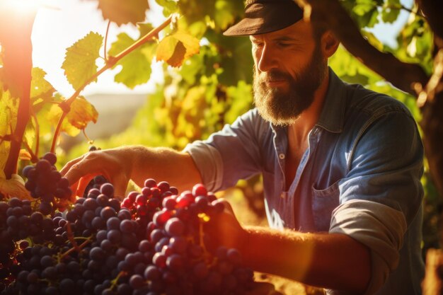 Closeup of a bunch of ripe red grapes in the countryside at sunset Generative AI