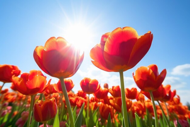 Closeup of a bunch of tulips against a sunny sky background created with generative ai