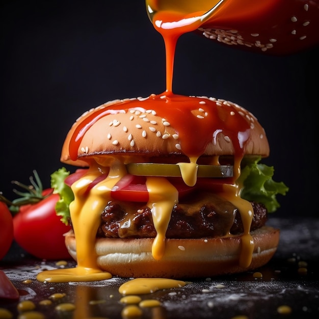 Closeup of Burger with Dripping Sauce Generative Ai