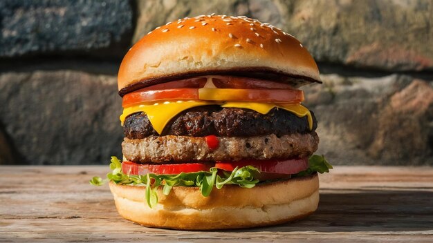 Closeup of burger with stone background