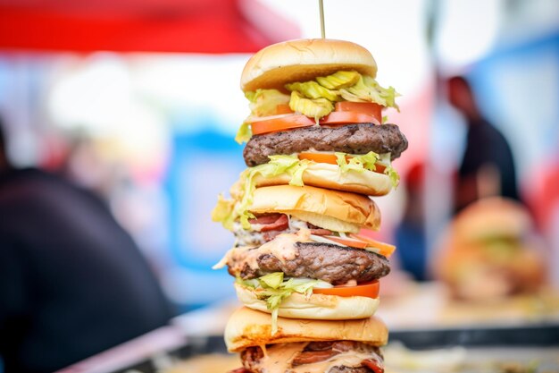 Photo closeup of burgers stacked at vendor booth