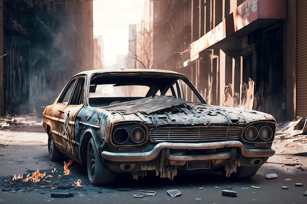 A closeup of a burned out car in the middle of a city street where flames still burn brightly