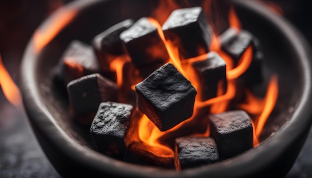 Foto close-up di cubetti di carbone in fiamme