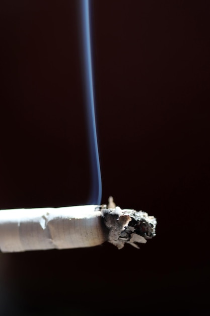 Closeup of burning cigarette with smoke against black background