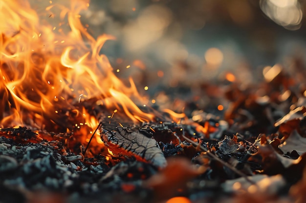 Closeup of burning dry leaves on the ground in autumn forest