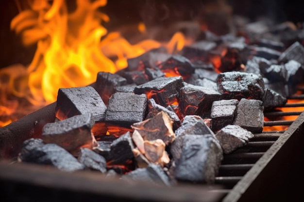 Closeup of burning embers on a charcoal grill