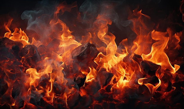 Foto close-up di un pezzo di carbone in fiamme come sfondo astratto focus morbido selettivo