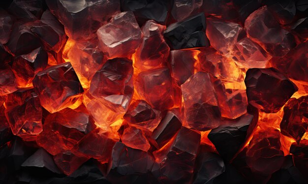 Photo closeup of burning lump coal as an abstract background selective soft focus