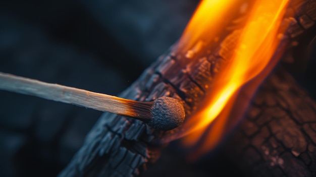 Closeup of a burning matchstick with fiery orange flames