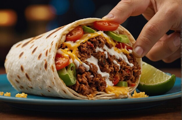 Photo closeup of a burrito being enjoyed by a satisfied cust