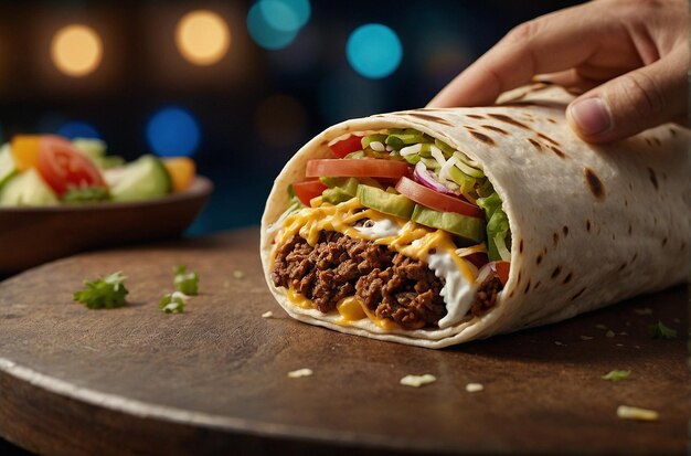 Photo closeup of a burrito being enjoyed by a satisfied cust