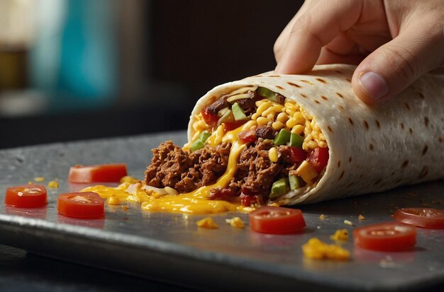 Closeup of a burrito being sliced in half to reveal th