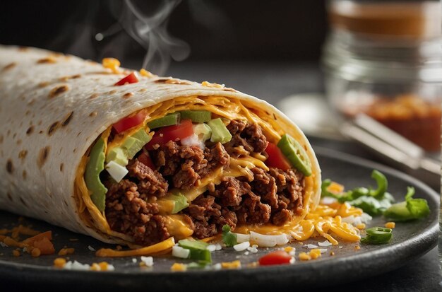 Closeup of a burrito being sliced open to reveal the f