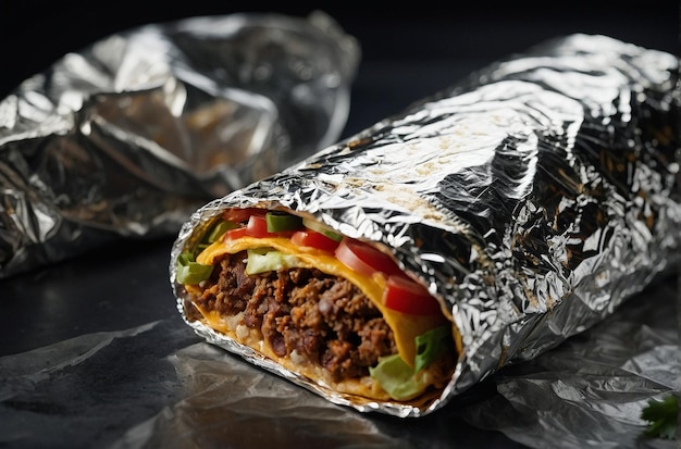 Closeup of a burrito wrapped in foil ready for transpo