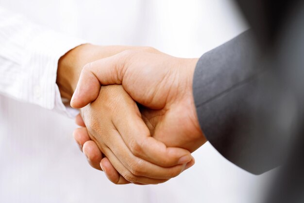 Closeup of a business hand shake between two colleagues Plaid shirt