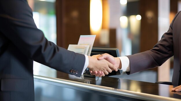 Клоуз-ап делового рукопожатия Бизнесмены пожимают руки на фоне офисного пространства