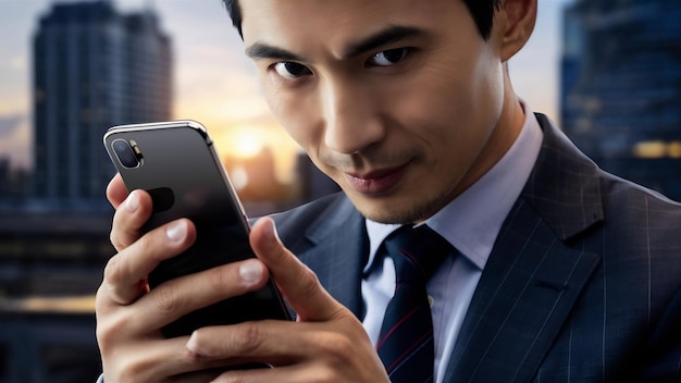 Photo closeup of business man holding smartphone and checking time