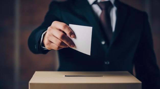 Closeup of business man putting blank white paper in ballot box