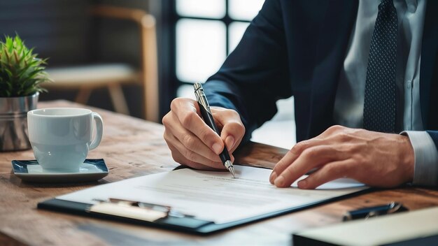 Closeup of business man signing document at office desk