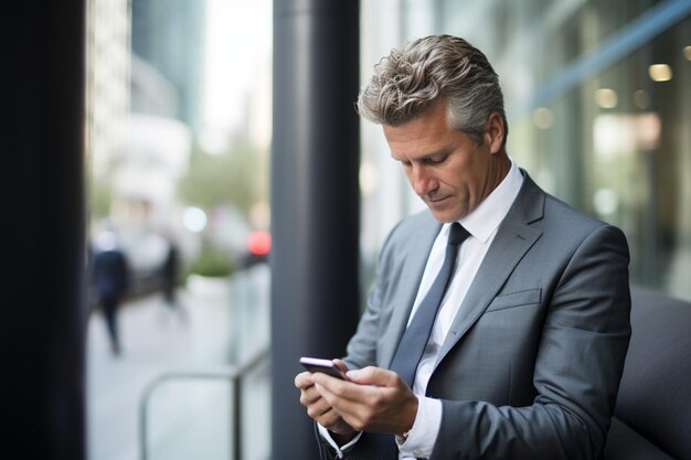 Photo closeup of business man texting on smartphone and leaning on sill