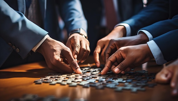 Closeup of business people playing jigsaw puzzle at table in office