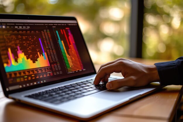 Closeup of business person's hand using a laptop with charts and graphs displayed on the screen