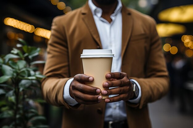 Closeup of businessman in brown suit holding a coffee cup with bokeh lights in background