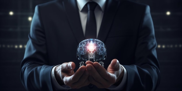 Клоуз-ап бизнесмена с рукой, держащей цифровое изображение мозга в пальме с точки зрения цифровых технологий