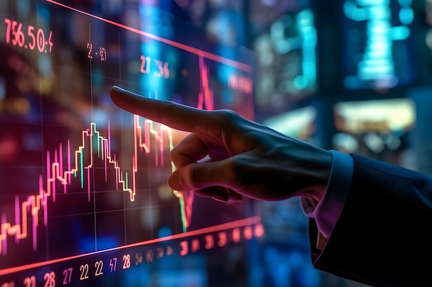 Closeup businessman hand pointing finger on technology financial graph Generative AI