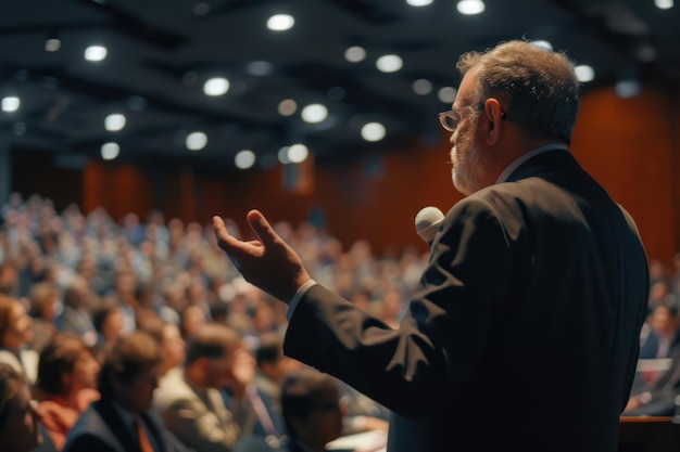 Closeup businessman hands doing explain to the audience in the conference hall