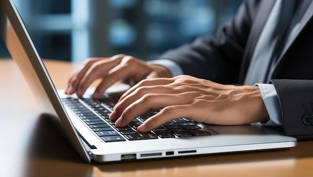 Closeup of businessman hands typing on laptop keyboard at desk in office