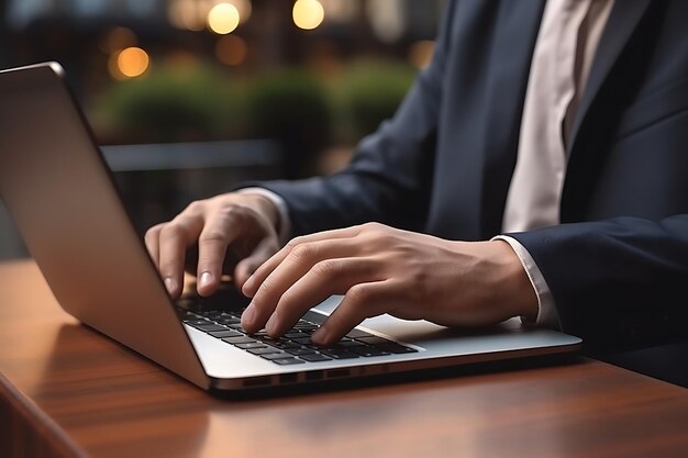 Closeup of a businessman hands typing on laptop keyboard in office