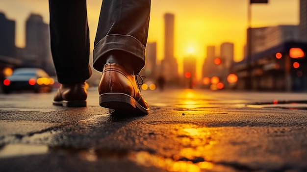 歩くビジネスマンの足のクローズアップ
