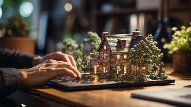 Photo closeup of businessman's hand checking house on laptop