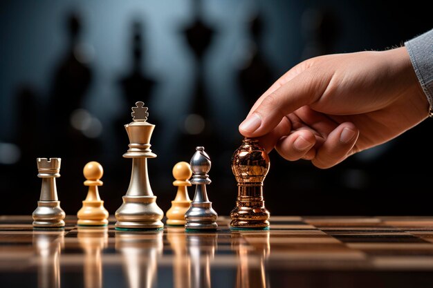 Closeup of businessman's hand moving chess figure on chessboardgenerative ai