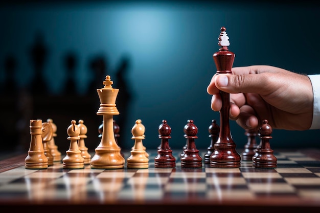 チェス盤上のチェスフィギュアを動かすビジネスマンの手のクローズアップ生成AI