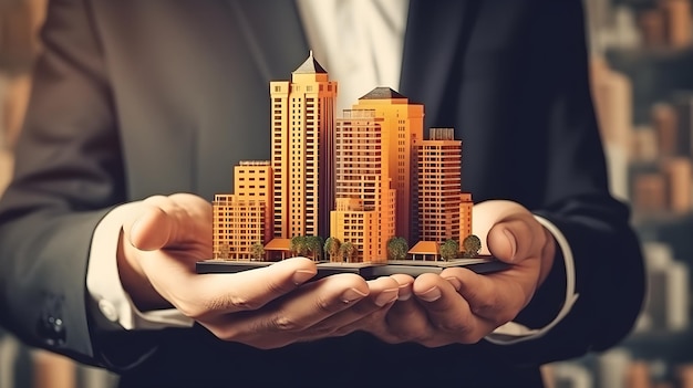 closeup of businessman's hands holding a modern city