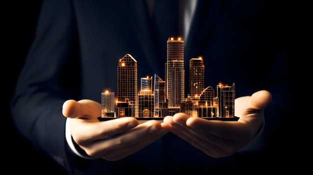 closeup of businessman's hands holding a modern city