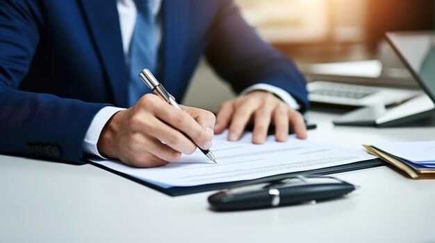 Photo closeup of businessman signing contract in office