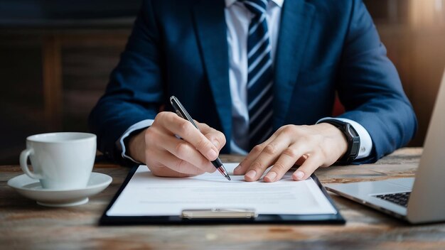 Closeup of businessman sitting and signing a contract