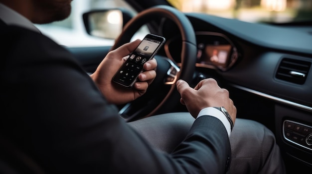 Foto close-up di uno smartphone di un uomo d'affari in un'auto di lusso